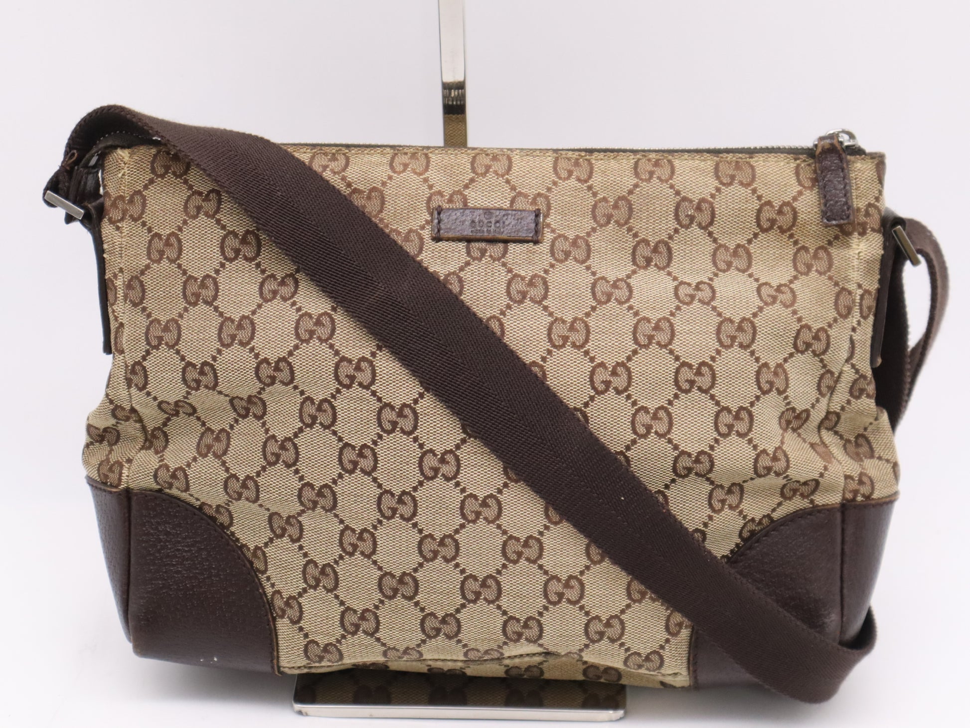 GUCCI 114273 Canvas/Leather GG Canvas Shoulder Bag Beige Dark Brown Shoulder Bag
