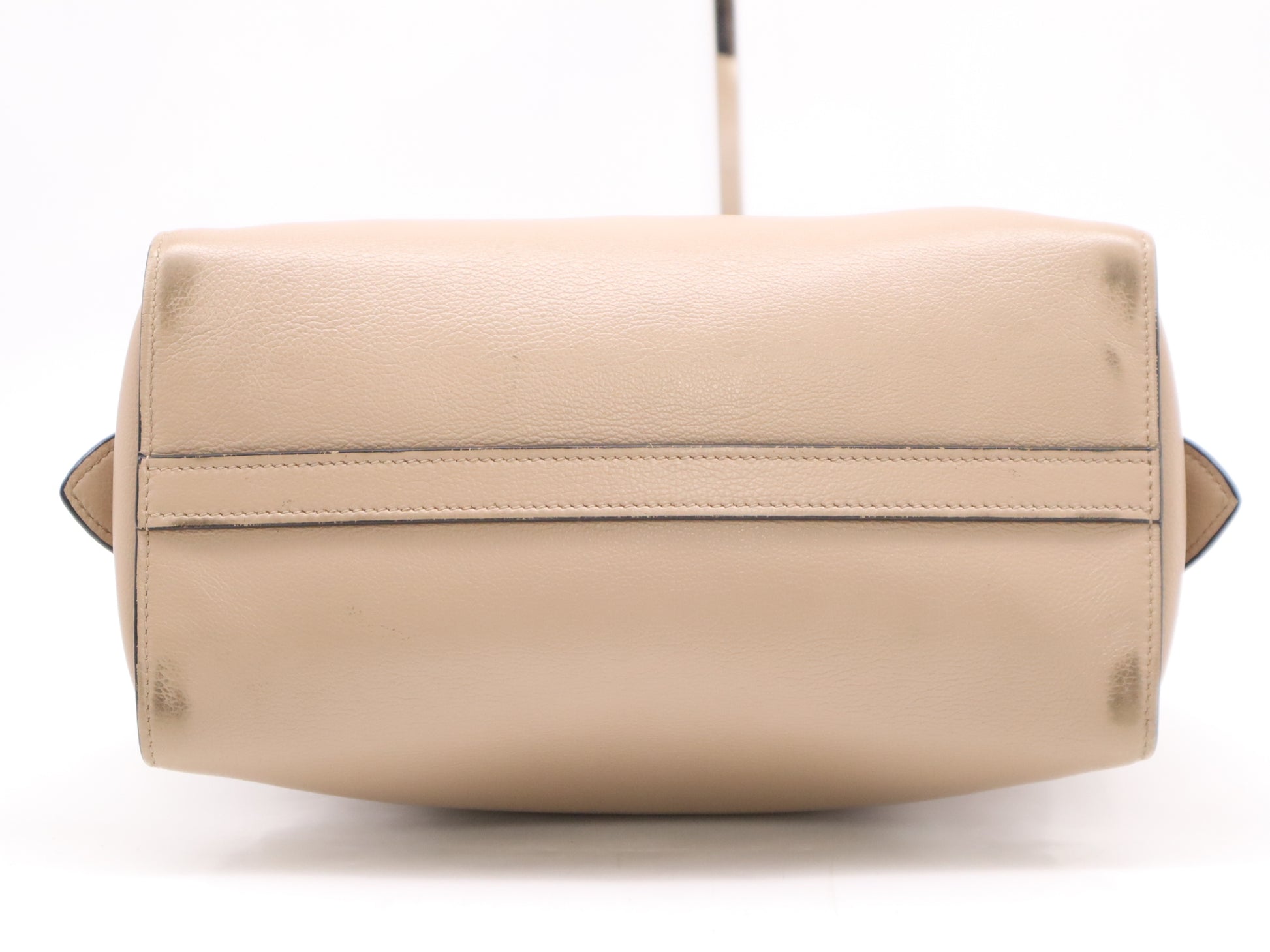 PRADA 2-way leather handbag in beige with GD hardware, shoulder strap, and clochette.