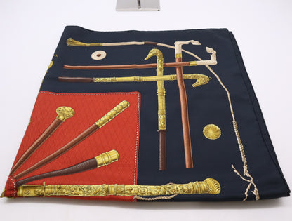 HERMES Silk Carré 90 Cannes Pommeaux Black Walking Stick Pattern Scarf