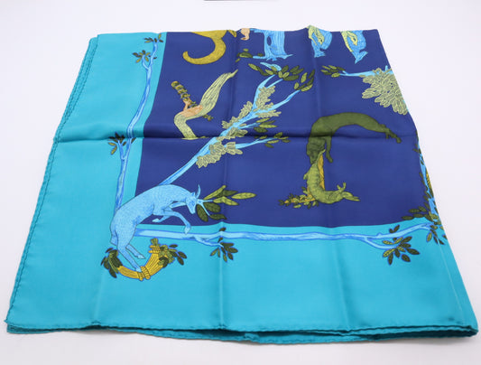 HERMES Silk Carré 90 Animal Alphabet Scarf in Navy and Turquoise Blue