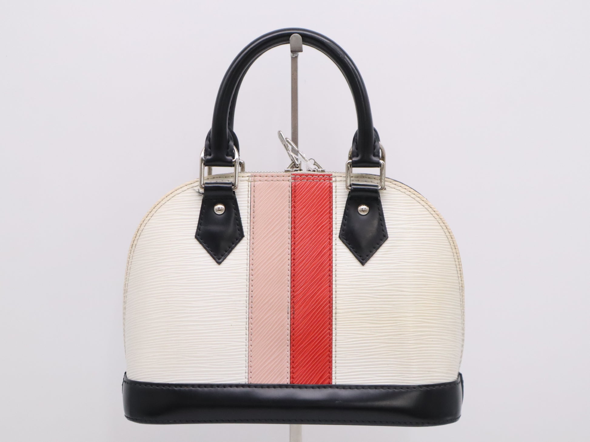 LOUIS VUITTON M51963? Epi Alma BB Stripe Handbag in White, Red, and Pink with Shoulder Strap