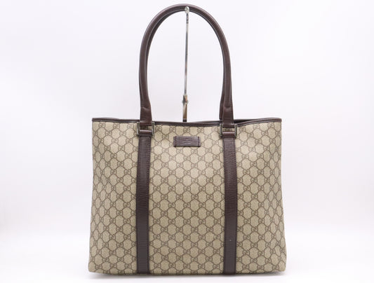 GUCCI 114288 PVC and Leather GG Supreme Tote Bag in Beige and Brown with Silver Hardware