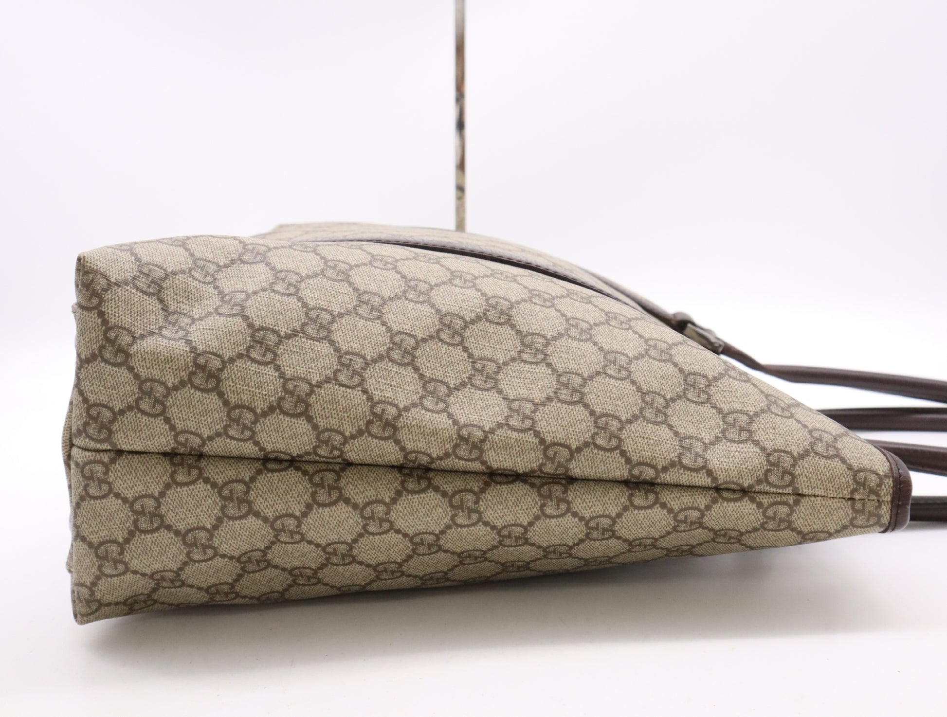 GUCCI 114288 PVC and Leather GG Supreme Tote Bag in Beige and Brown with Silver Hardware