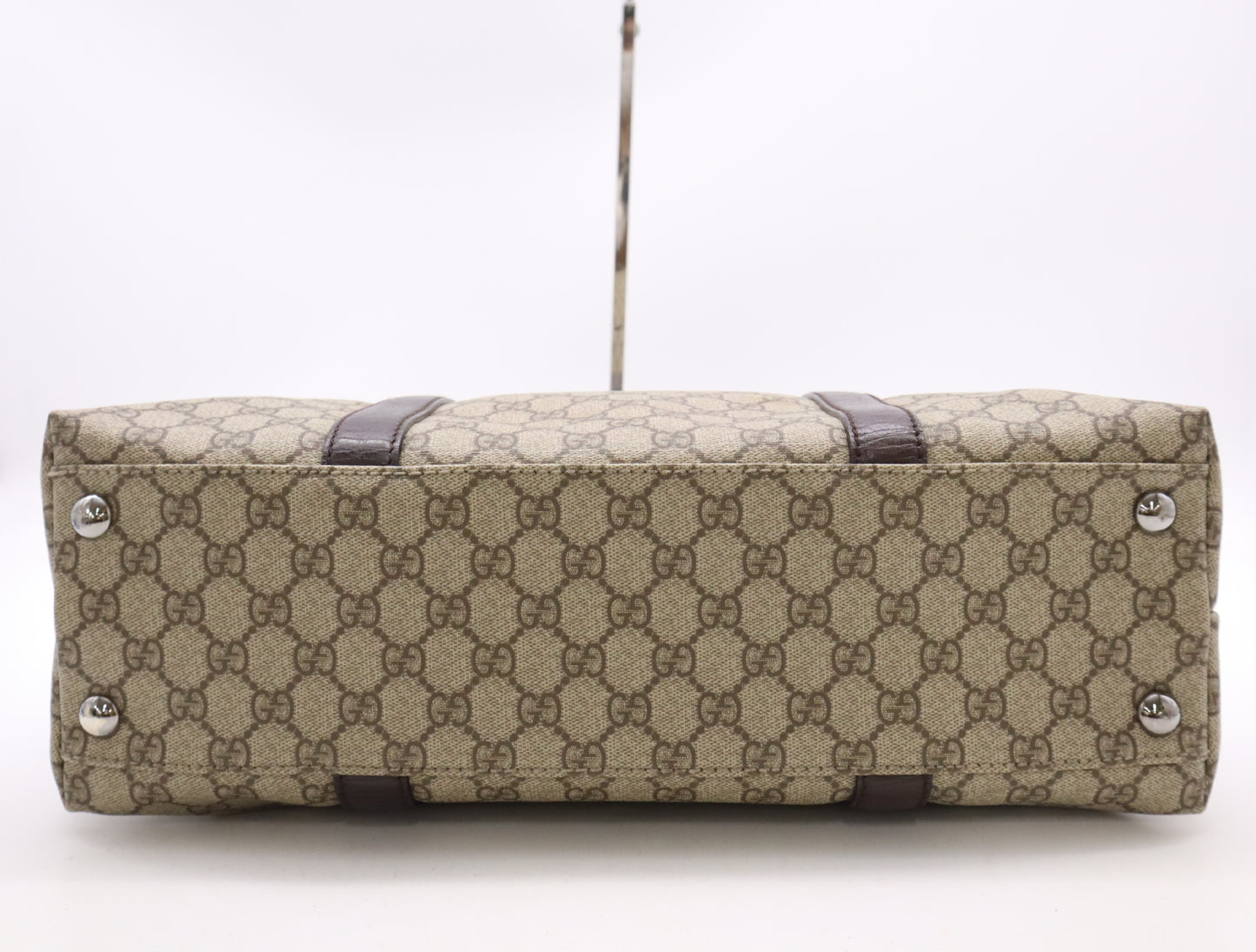 GUCCI 114288 PVC and Leather GG Supreme Tote Bag in Beige and Brown with Silver Hardware