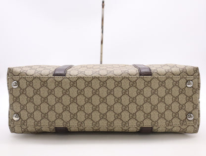 GUCCI 114288 PVC and Leather GG Supreme Tote Bag in Beige and Brown with Silver Hardware