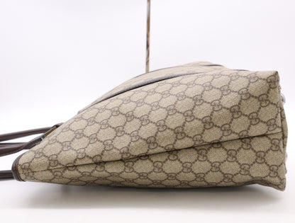 GUCCI 114288 PVC and Leather GG Supreme Tote Bag in Beige and Brown with Silver Hardware