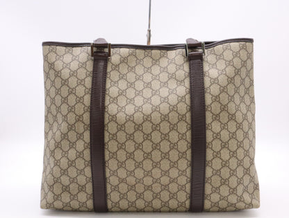 GUCCI 114288 PVC and Leather GG Supreme Tote Bag in Beige and Brown with Silver Hardware