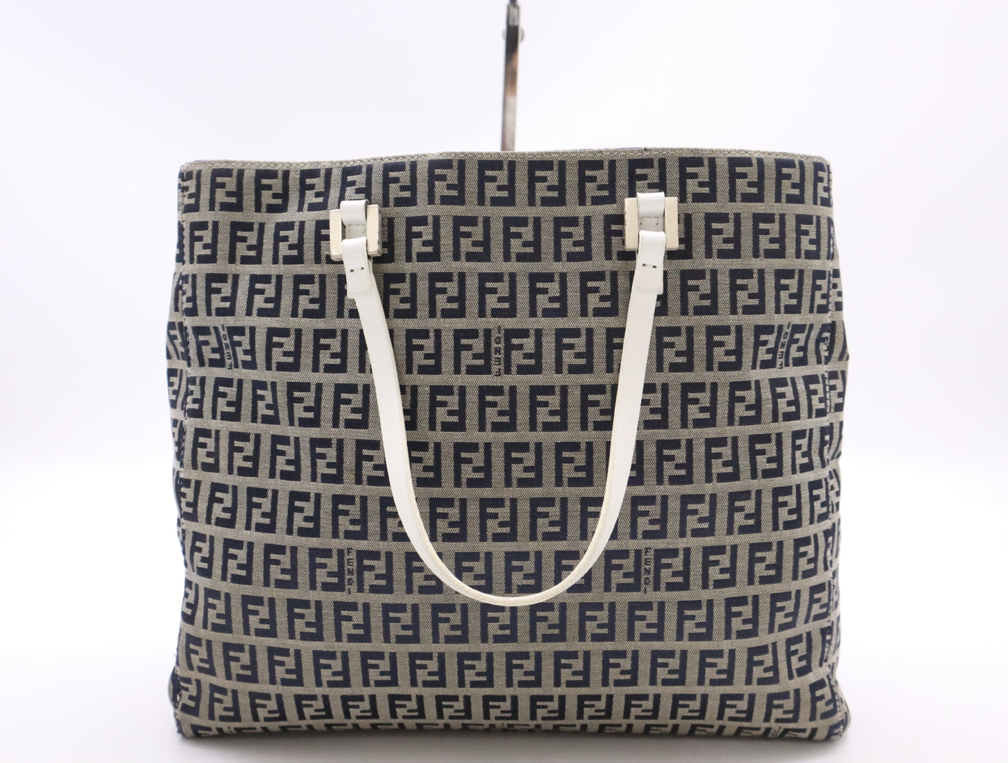 FENDI 8BH1019 Canvas/Leather Zucchino Handbag in Beige, Blue, and White with Silver Hardware