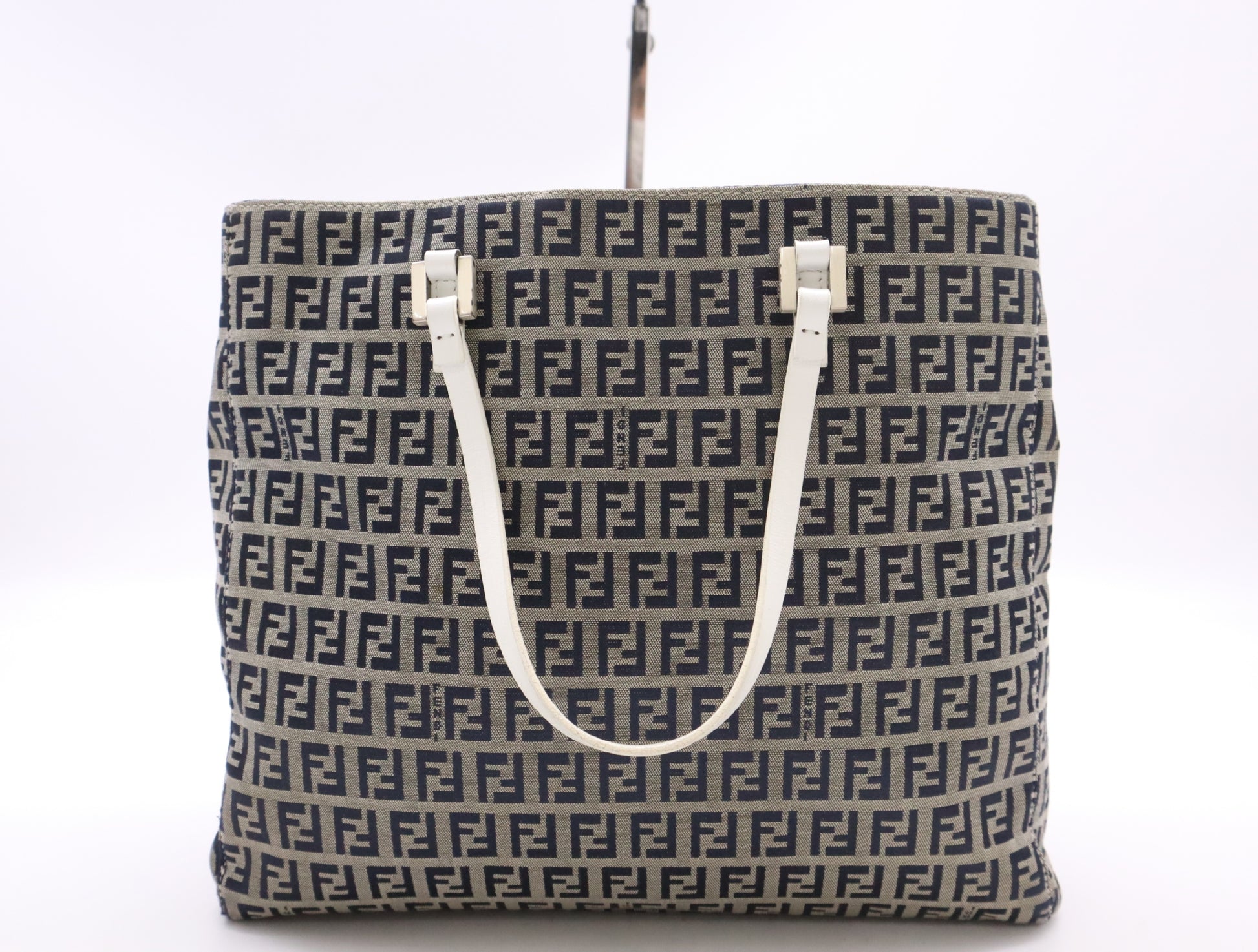 FENDI 8BH1019 Canvas/Leather Zucchino Handbag in Beige, Blue, and White with Silver Hardware