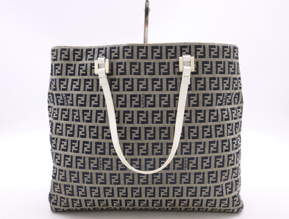 FENDI 8BH1019 Canvas/Leather Zucchino Handbag in Beige, Blue, and White with Silver Hardware