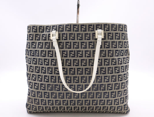 FENDI 8BH1019 Canvas/Leather Zucchino Handbag in Beige, Blue, and White with Silver Hardware