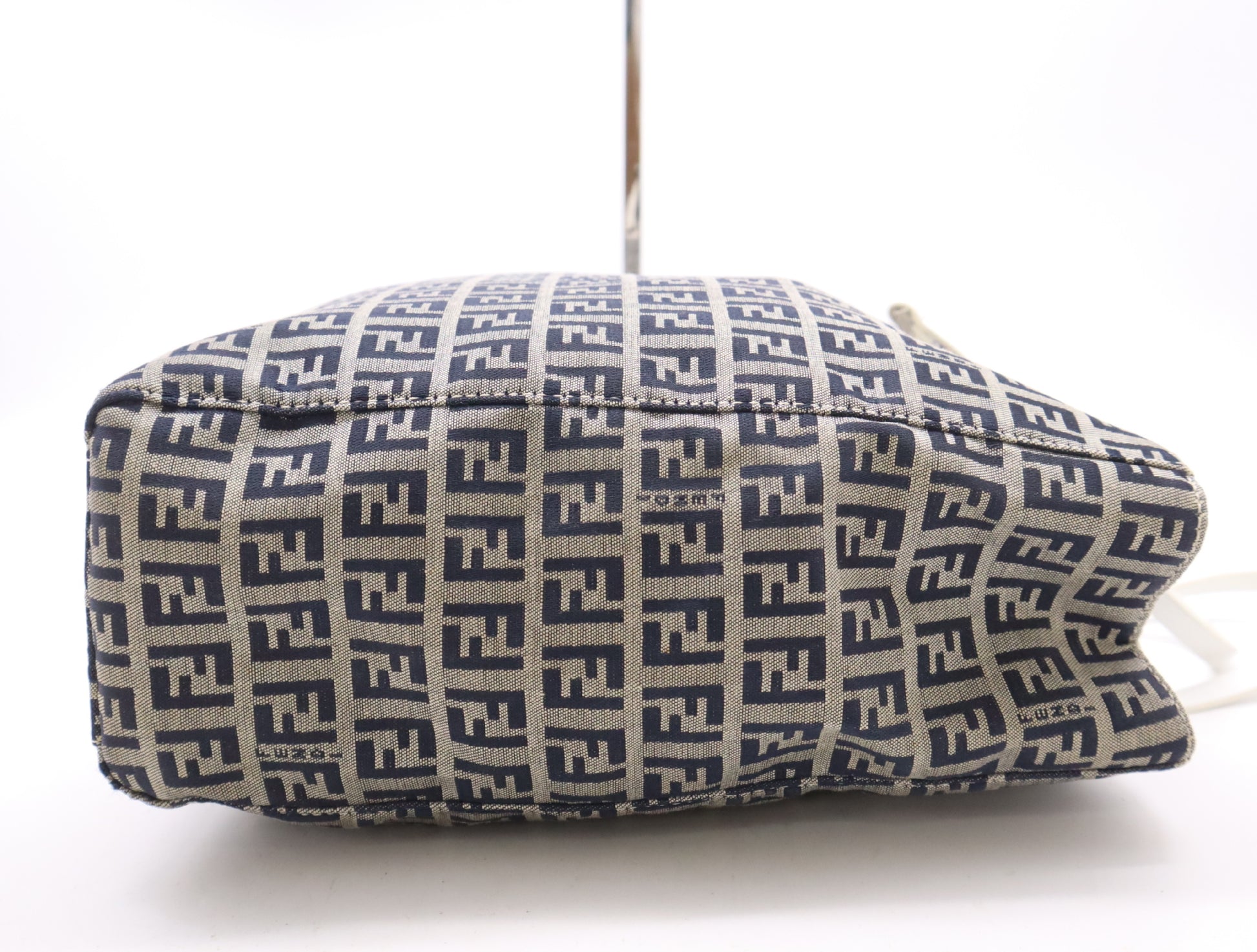 FENDI 8BH1019 Canvas/Leather Zucchino Handbag in Beige, Blue, and White with Silver Hardware