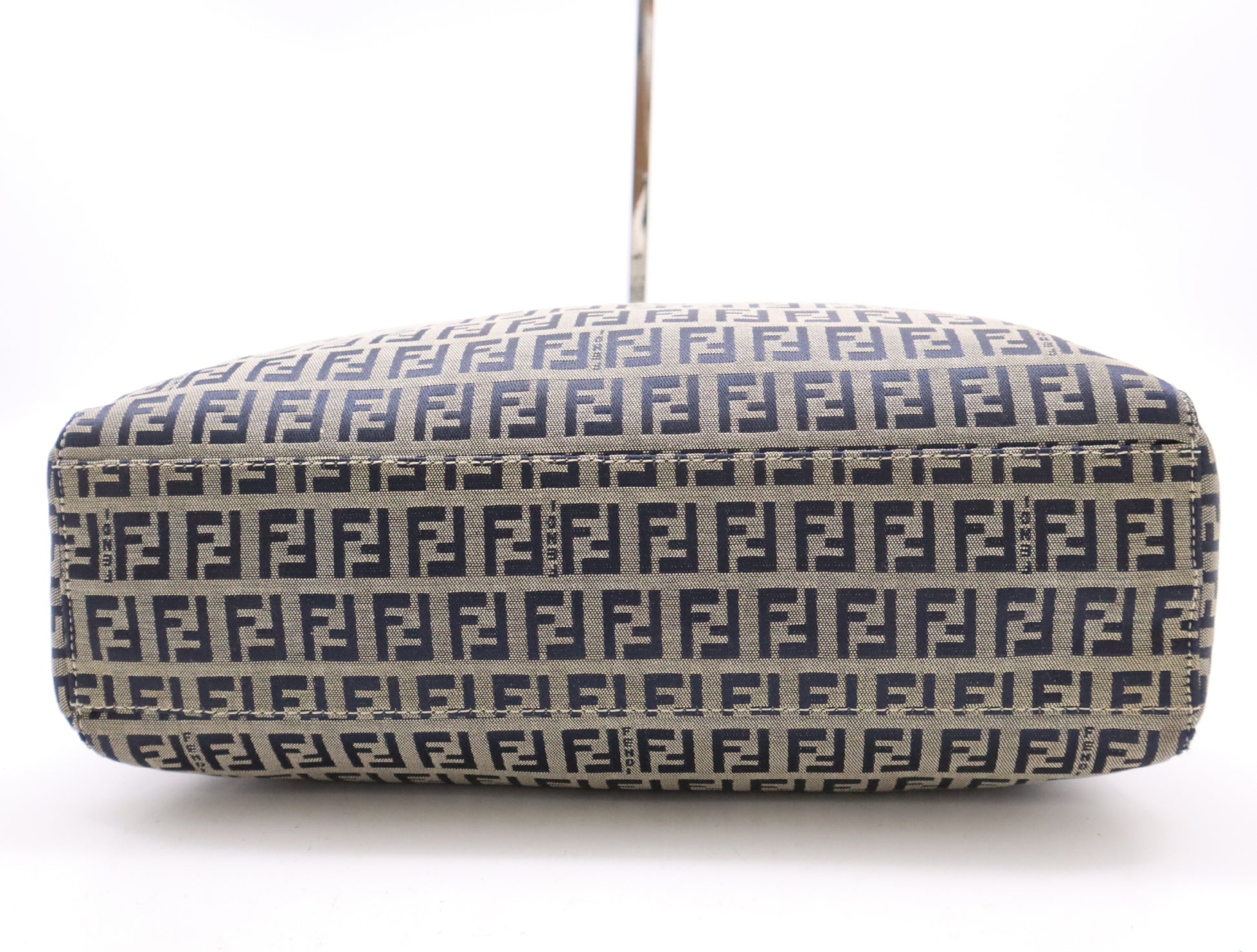 FENDI 8BH1019 Canvas/Leather Zucchino Handbag in Beige, Blue, and White with Silver Hardware