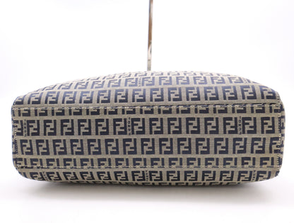 FENDI 8BH1019 Canvas/Leather Zucchino Handbag in Beige, Blue, and White with Silver Hardware