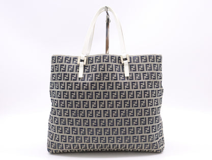 FENDI 8BH1019 Canvas/Leather Zucchino Handbag in Beige, Blue, and White with Silver Hardware