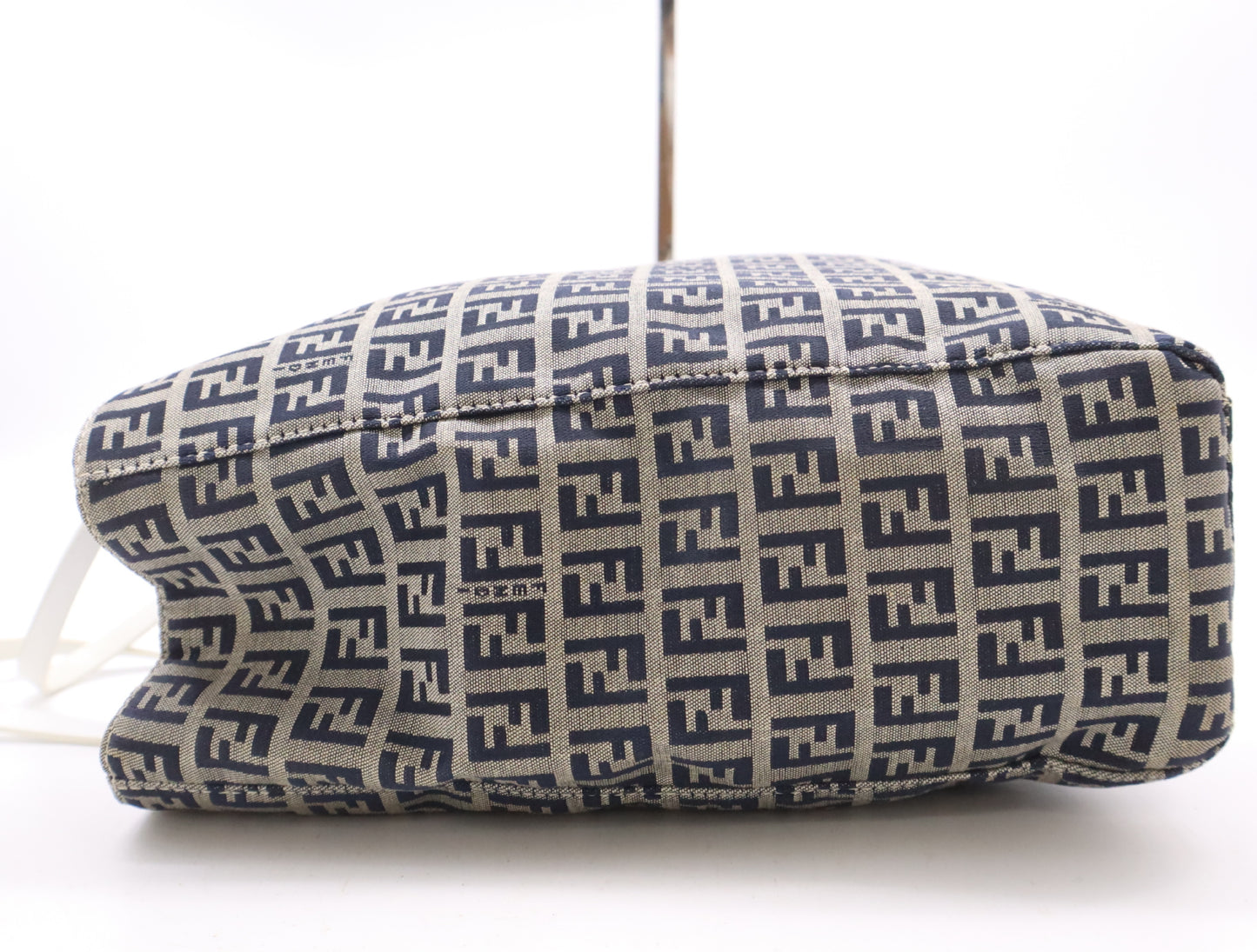 FENDI 8BH1019 Canvas/Leather Zucchino Handbag in Beige, Blue, and White with Silver Hardware