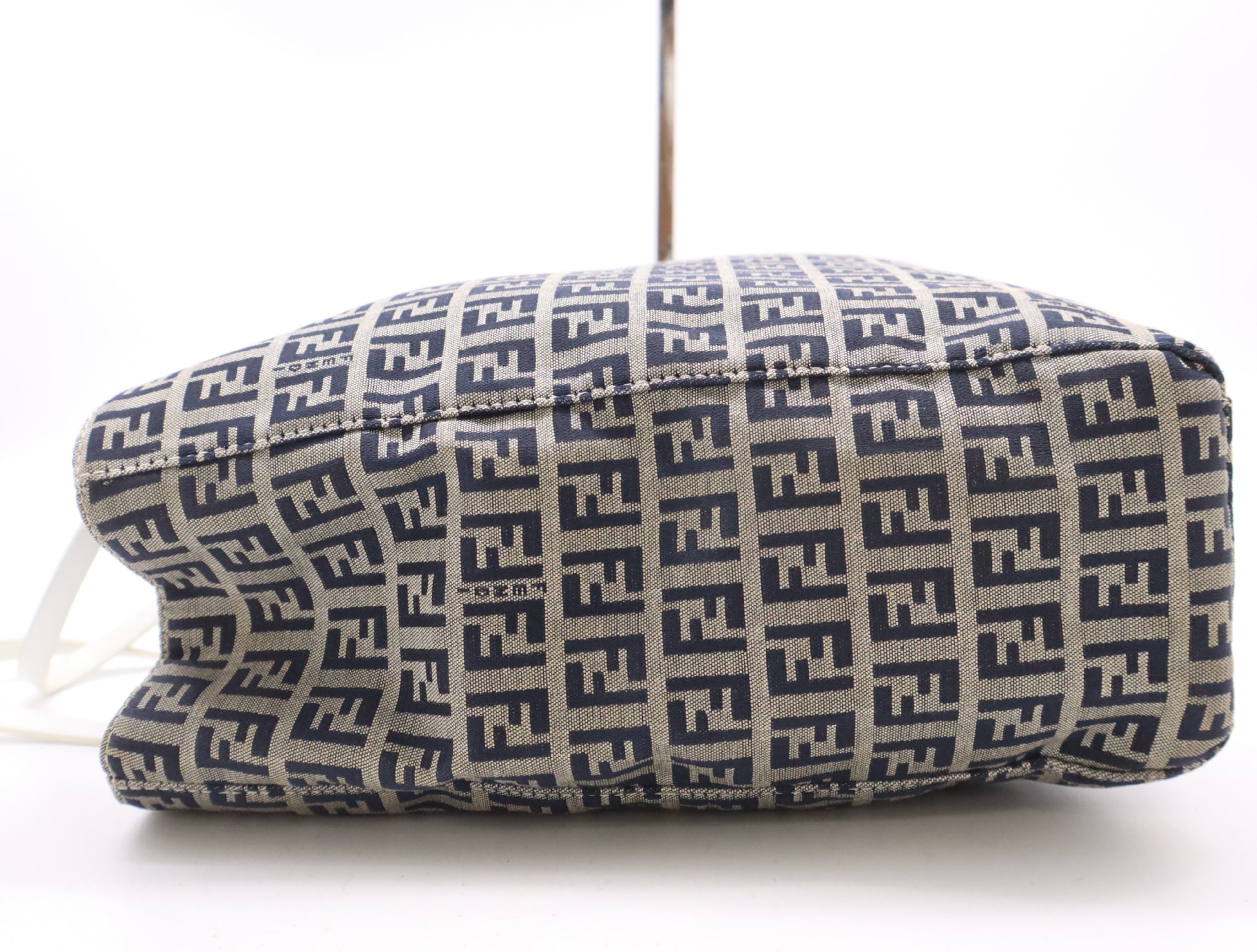 FENDI 8BH1019 Canvas/Leather Zucchino Handbag in Beige, Blue, and White with Silver Hardware