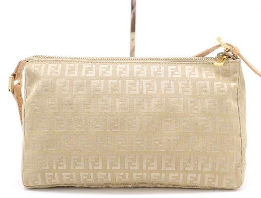 FENDI Canvas/Leather Zucchino Accessory Pouch, Beige, GD Hardware, Handbag
