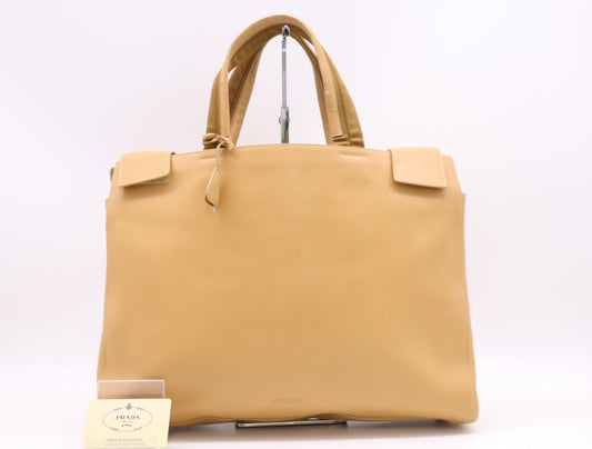 PRADA Leather Handbag with Padlock, Two Keys, and Clochet, Beige, Silver Hardware