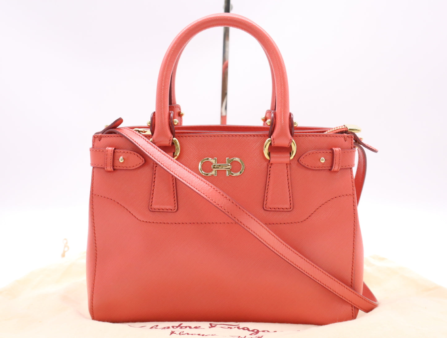 Salvatore Ferragamo EE-2 E428 Leather Gancini 2-Way Shoulder Bag, Pink, GD Hardware, Dust Bag Included