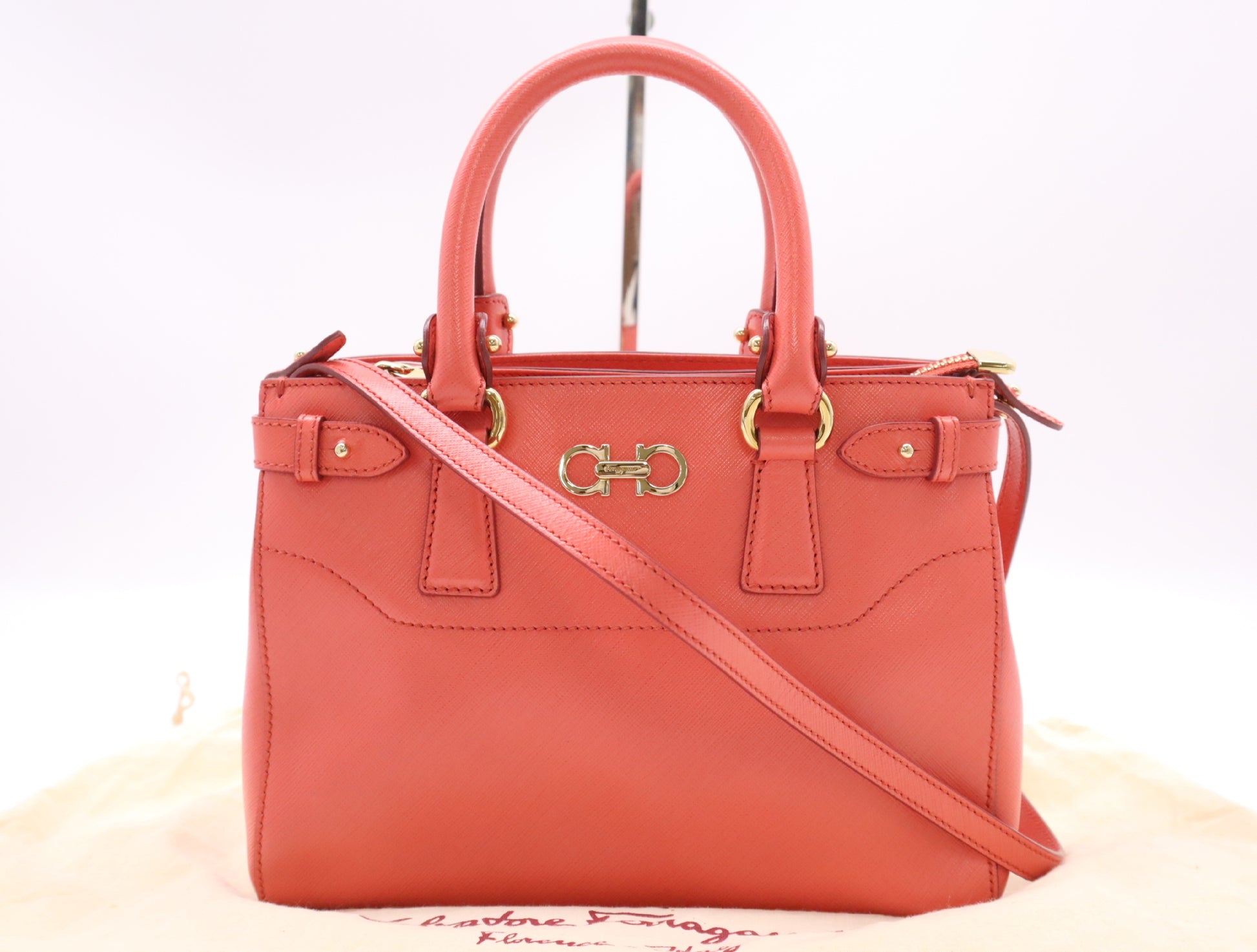 Salvatore Ferragamo EE-2 E428 Leather Gancini 2-Way Shoulder Bag, Pink, GD Hardware, Dust Bag Included