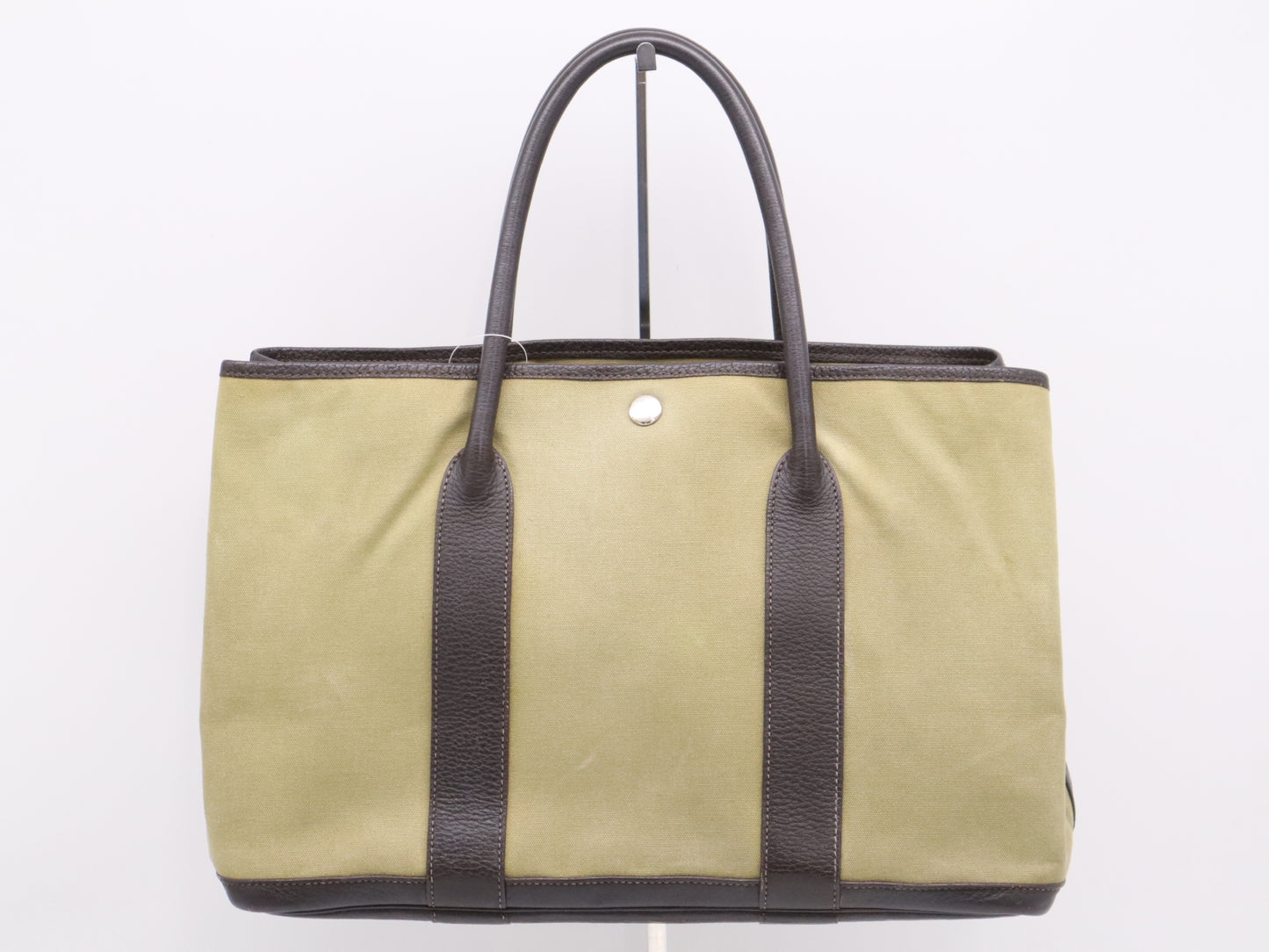 HERMES Canvas x Leather Garden Party PM Tote Bag, Green/Brown, F Stamp, 2002