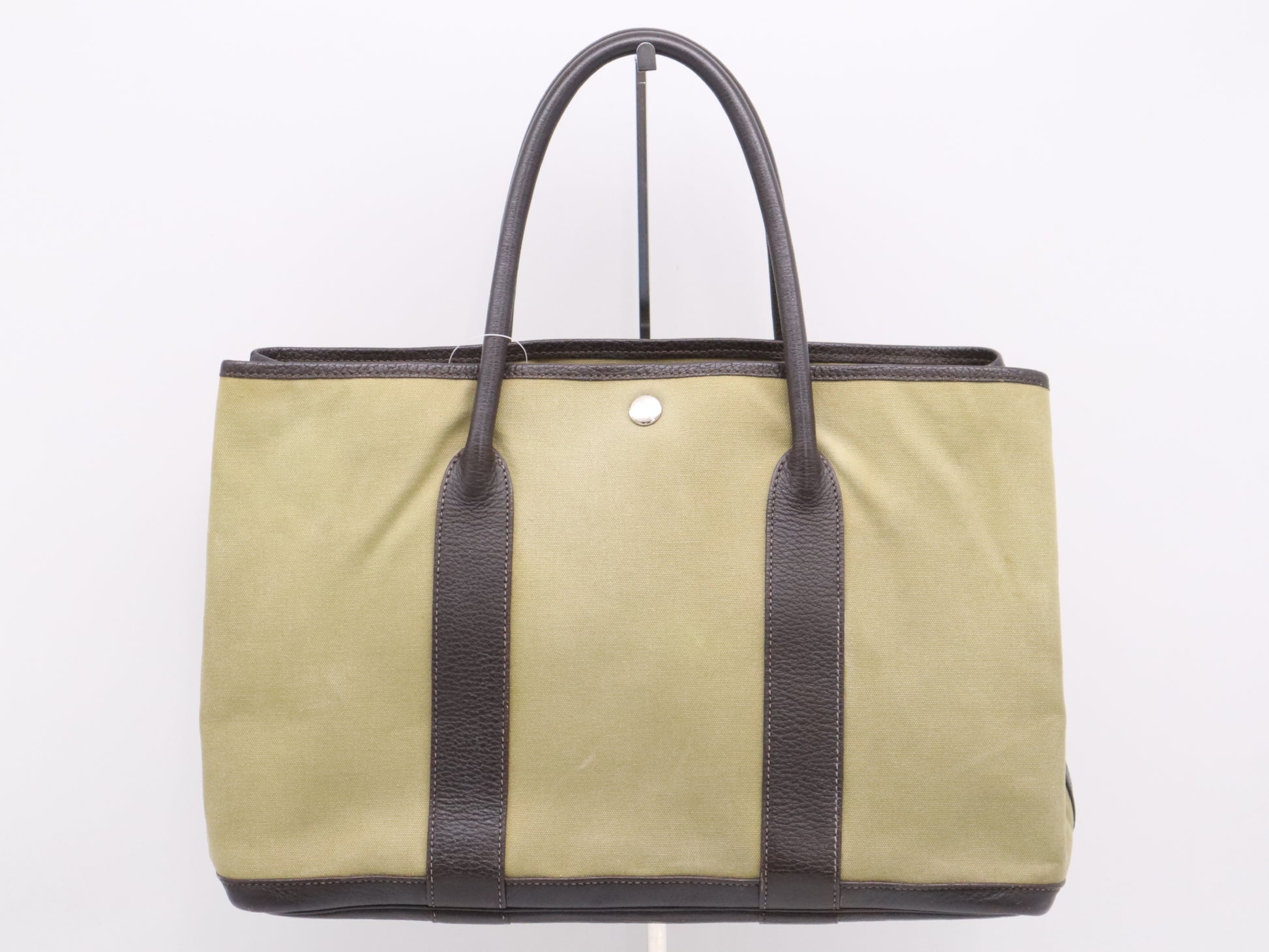 HERMES Canvas x Leather Garden Party PM Tote Bag, Green/Brown, F Stamp, 2002