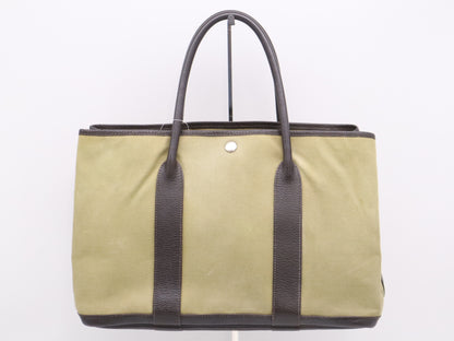 HERMES Canvas x Leather Garden Party PM Tote Bag, Green/Brown, F Stamp, 2002