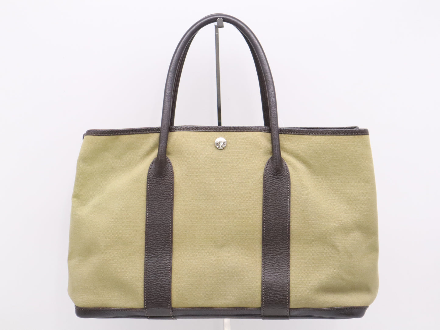 HERMES Canvas x Leather Garden Party PM Tote Bag, Green/Brown, F Stamp, 2002