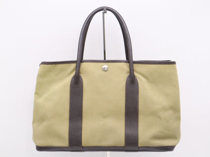 HERMES Canvas x Leather Garden Party PM Tote Bag, Green/Brown, F Stamp, 2002
