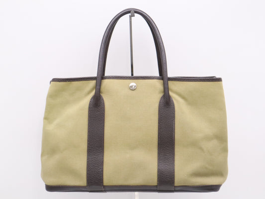 HERMES Canvas x Leather Garden Party PM Tote Bag, Green/Brown, F Stamp, 2002