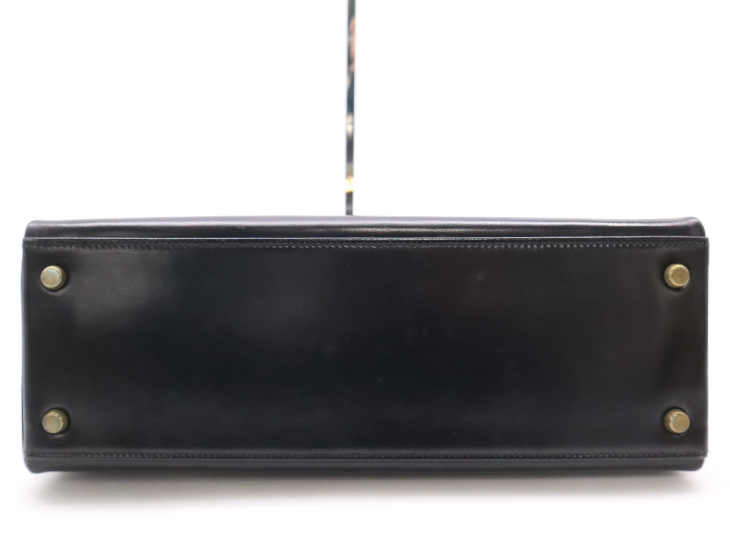 HERMES Box Calf Kelly 32 Black with GD hardware, padlock, two keys, cloche, dust bag, and box. 〇N stamped. 1984.