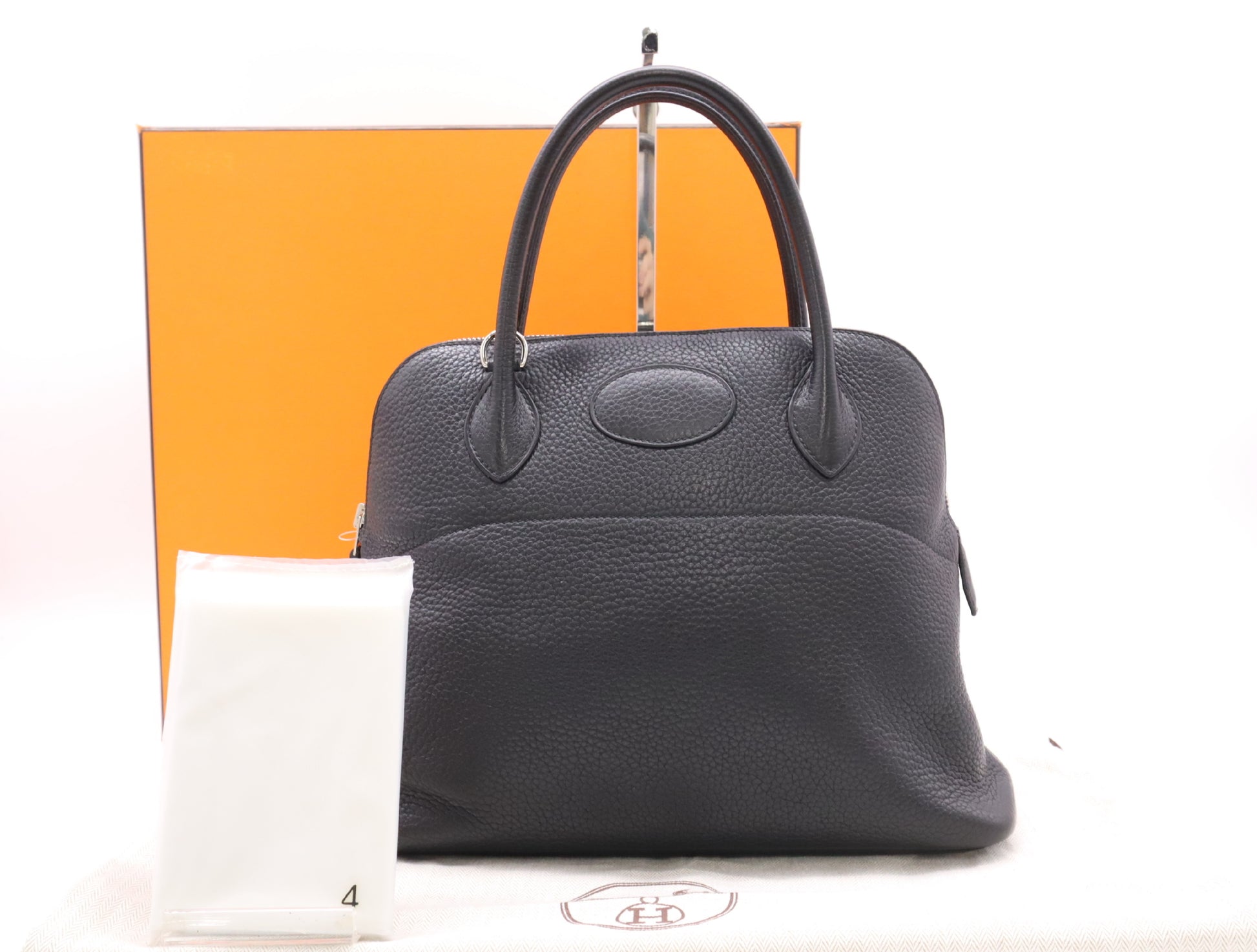 HERMES Bolide 31 Leather Handbag in Black with Sterling Silver Hardware, Dust Bag, Box, and Rain Cover Included, N Stamp, 2010