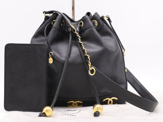 CHANEL Caviar Skin Triple Coco Chain Shoulder Bag with Drawstring, Black GD Hardware, Pouch and Dust Bag Included, Seal Not Clear
