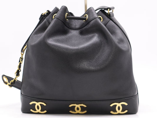 CHANEL Caviar Skin Triple Coco Chain Shoulder Bag with Drawstring, Black GD Hardware, Pouch and Dust Bag Included, Seal Not Clear