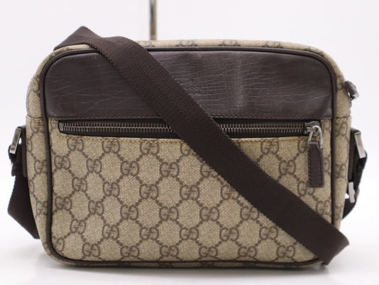 GUCCI 114291 PVC and Leather GG Supreme Shoulder Bag in Beige and Brown with Silver Hardware