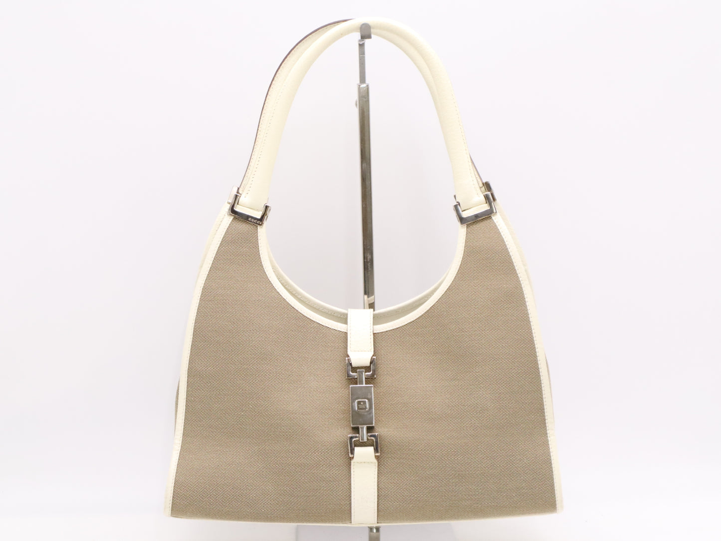 GUCCI 002/1067 Canvas and Leather Jackie Handbag in Brown and White with Silver Hardware