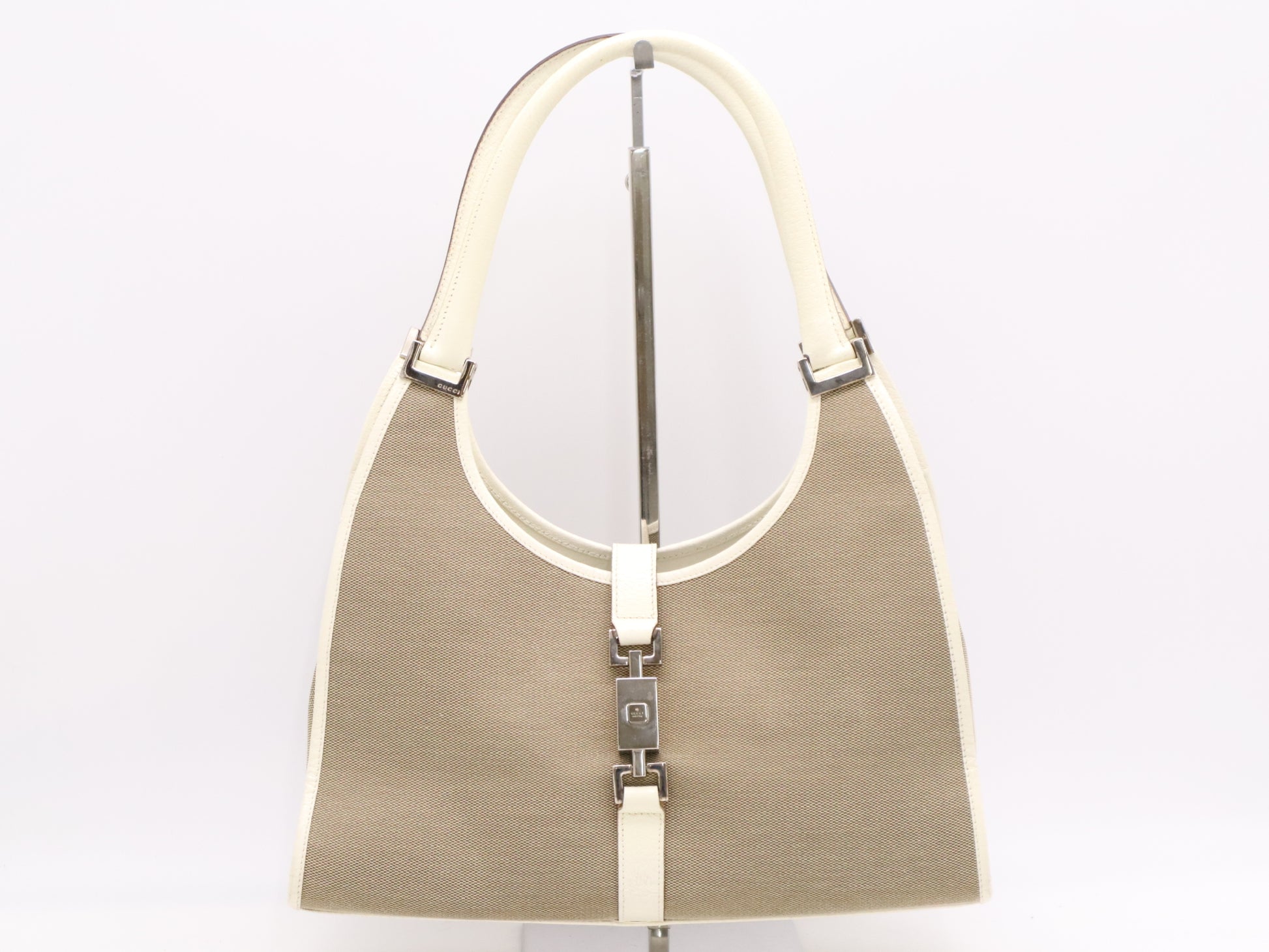 GUCCI 002/1067 Canvas and Leather Jackie Handbag in Brown and White with Silver Hardware