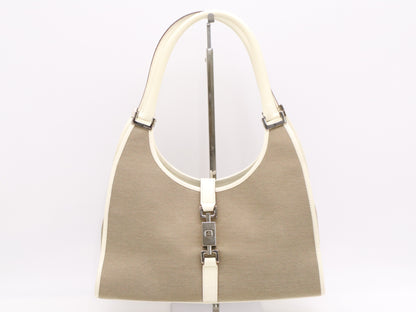 GUCCI 002/1067 Canvas and Leather Jackie Handbag in Brown and White with Silver Hardware