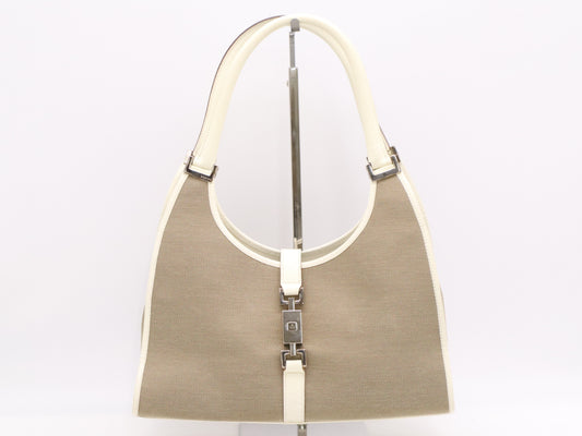 GUCCI 002/1067 Canvas and Leather Jackie Handbag in Brown and White with Silver Hardware