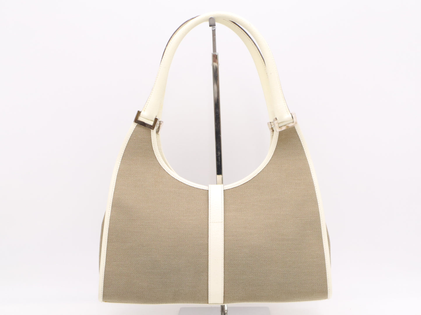 GUCCI 002/1067 Canvas and Leather Jackie Handbag in Brown and White with Silver Hardware