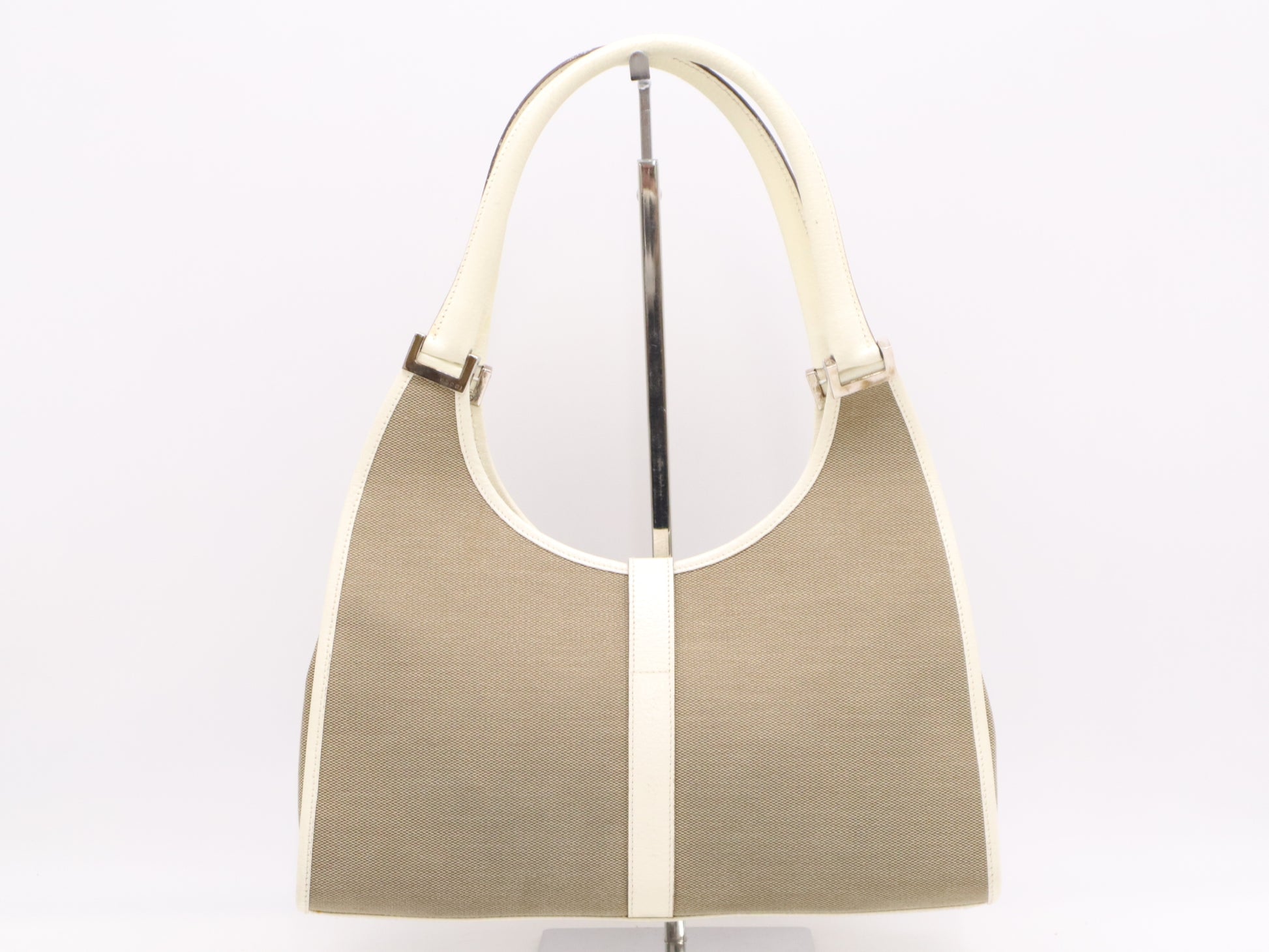 GUCCI 002/1067 Canvas and Leather Jackie Handbag in Brown and White with Silver Hardware
