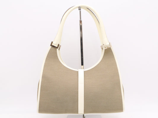 GUCCI 002/1067 Canvas and Leather Jackie Handbag in Brown and White with Silver Hardware