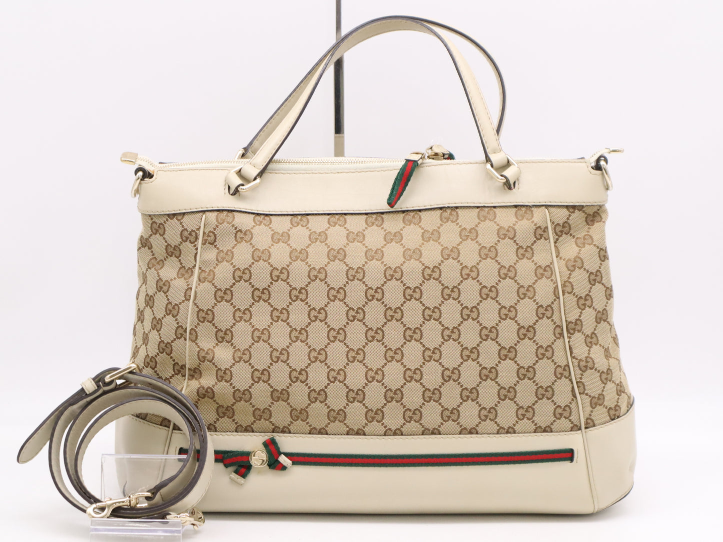 GUCCI 257349? Canvas x Leather GG Canvas Sherry Line 2-Way Tote Bag Beige with Shoulder Strap