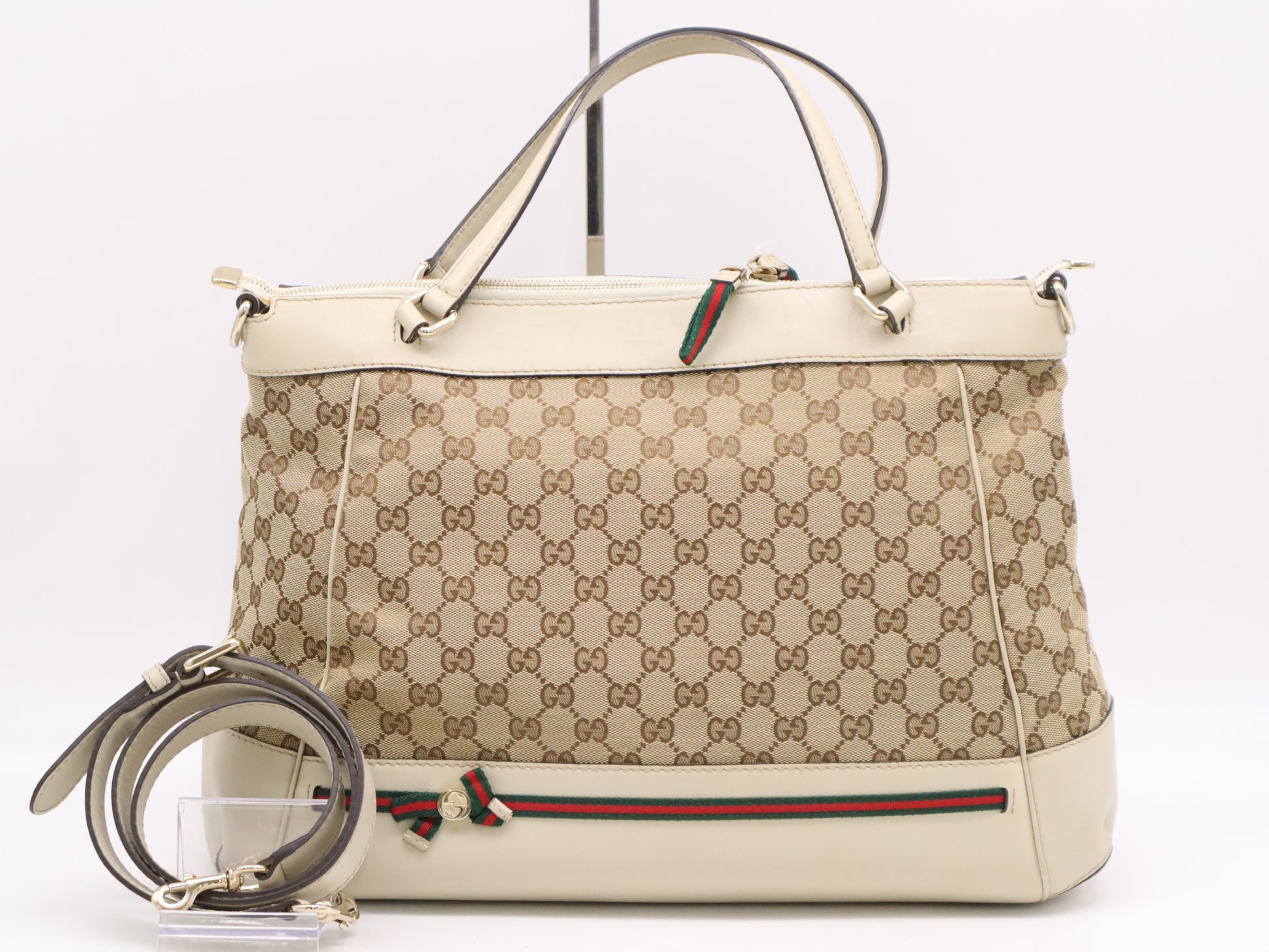 GUCCI 257349? Canvas x Leather GG Canvas Sherry Line 2-Way Tote Bag Beige with Shoulder Strap