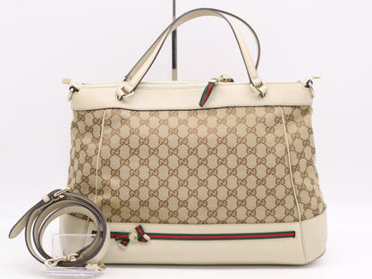 GUCCI 257349? Canvas x Leather GG Canvas Sherry Line 2-Way Tote Bag Beige with Shoulder Strap