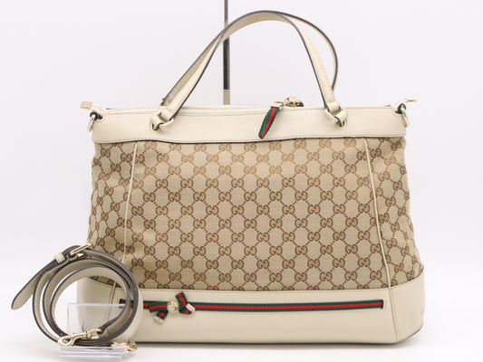 GUCCI 257349? Canvas x Leather GG Canvas Sherry Line 2-Way Tote Bag Beige with Shoulder Strap