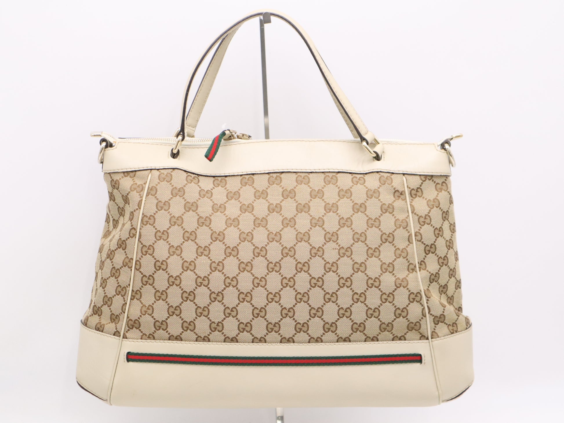GUCCI 257349? Canvas x Leather GG Canvas Sherry Line 2-Way Tote Bag Beige with Shoulder Strap