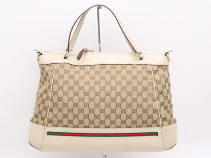 GUCCI 257349? Canvas x Leather GG Canvas Sherry Line 2-Way Tote Bag Beige with Shoulder Strap