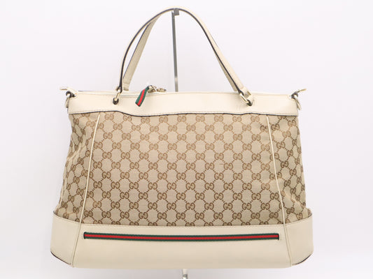 GUCCI 257349? Canvas x Leather GG Canvas Sherry Line 2-Way Tote Bag Beige with Shoulder Strap